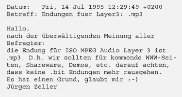 The original email, settling upon the MP3 name.